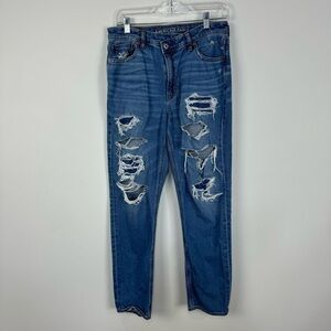 American Eagle Distressed Mom Jeans Asymmetrical Medium Wash Ripped High Rise